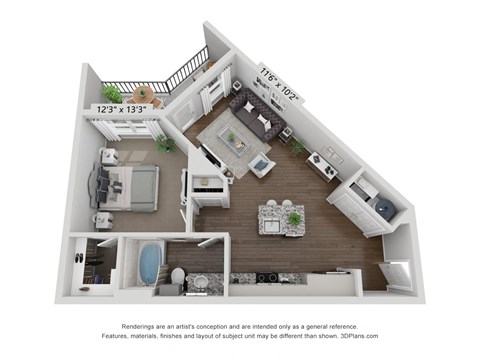 Floor plan for 1 bed, 1 bath, 695 sqft
